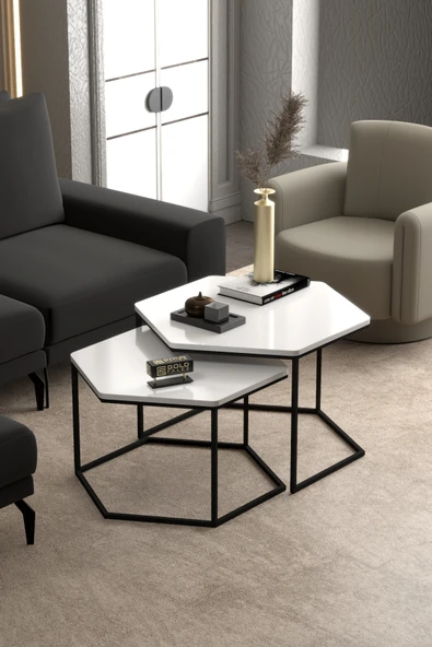 Orta Sehpa Altıgen İkili Lüx Beyaz ürün görseli 1