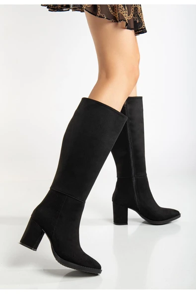 Kadın Siyah Süet Fermuarlı Sivri Burun Topuklu Uzun Çizme ürün görseli 1
