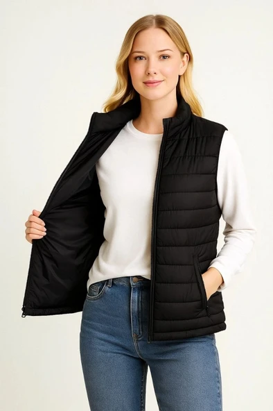 MDB Şişme Fermuarlı Yelek u Itici Kapitone Astarlı Kumaş Cepli Hafif Kışlık por Rahat Kalıp  iyah ürün görseli 1