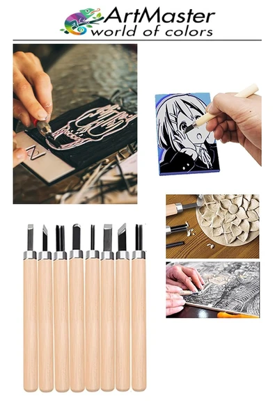 Linol Oyma Seti 19 Parça 1 Paket ve Kretuar Bıçak Seti Ahşap Saplı Oyma Kesme Bıçak Seti Linol Bıçaklı Linolyum Baskı - Resim 4