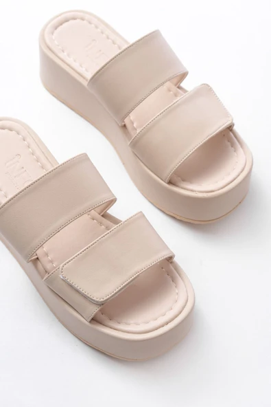 Bej  Çıtçıtlı Dolgu Topuk Kadın Terlik - Resim 4