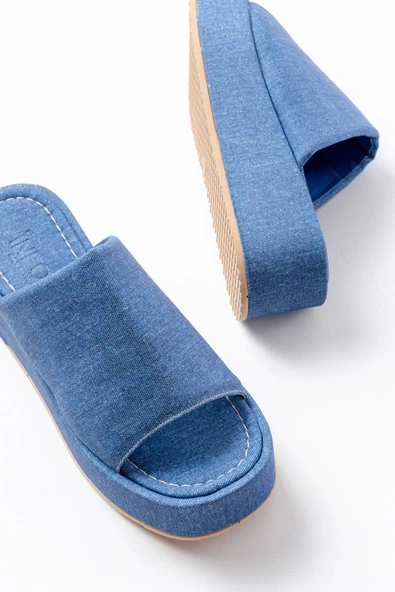 Açık Kot Geniş Bantlı Dolgu Kadın Terlik - Resim 4