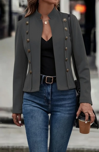 Lucky Life Kadın Uzun Kollu Hakim Yaka Yanlardan Düğmeli Kısa Süet Ceket - Resim 3