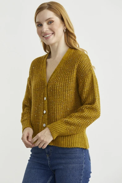 Payet Detaylı Yünlü Triko Hırka - Hardal - Resim 4