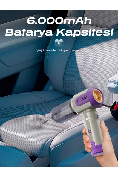 AHV-14 2'si 1 Arada Kablosuz Araç İçi Süpürge Mor | 18000PA Güçlü Vakum + Üfleme | Cam Kırıcı & - Resim 4
