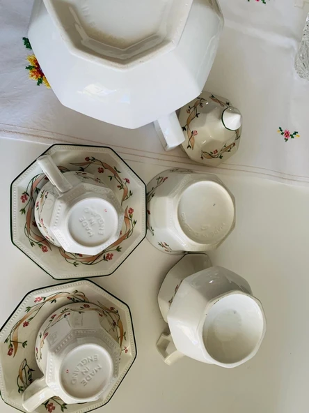Vintage Johnson Brothers Eternal Beau Serisi Zarif Fiyonk ve Çiçek Desenli Porselen İngiliz Çay Seti - Resim 8