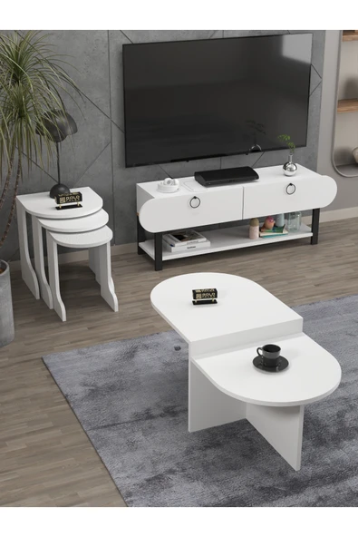 Tv Sehpası Ünitesi Tekli Orta Sehpa 3'Lü Zigon Sehpa Set Üç Ürün Beyaz - Resim 2