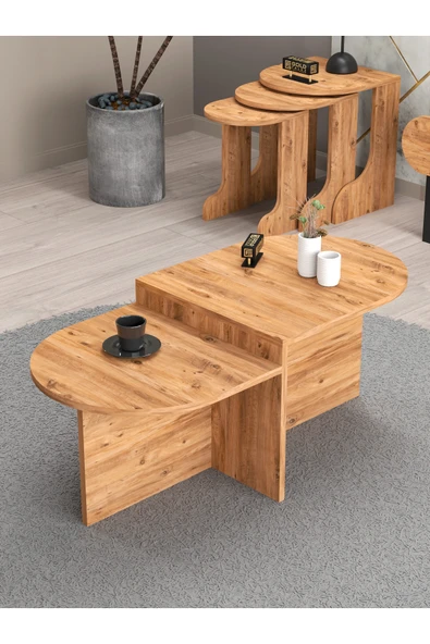 Tv Sehpası Ünitesi Tekli Orta Sehpa 3'Lü Zigon Sehpa Set Üç Ürün Atlantik Çam - Resim 6