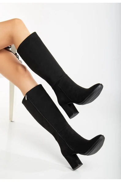Kadın Siyah Süet Fermuarlı Sivri Burun Topuklu Uzun Çizme - Resim 3