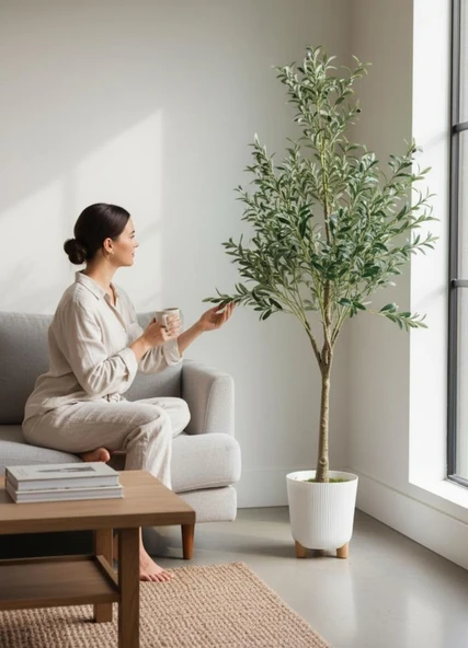 Yapay Zeytin Ağacı 185cm Doğal Görünümlü Yapay Ağaç Beyaz 25cm Zigon Saksıda - Resim 2