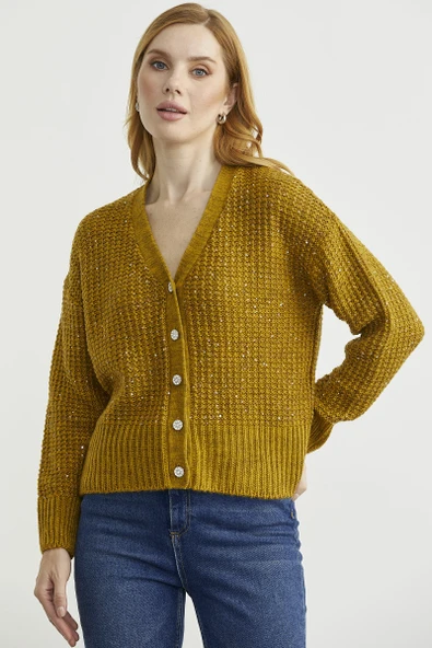 Payet Detaylı Yünlü Triko Hırka - Hardal - Resim 3