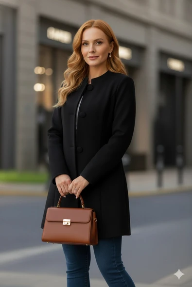 MDB Kadın Uzun Kollu Yakalı önü Düğmeli Ithal Kaşe Astarlı Kaban ürün görseli 1