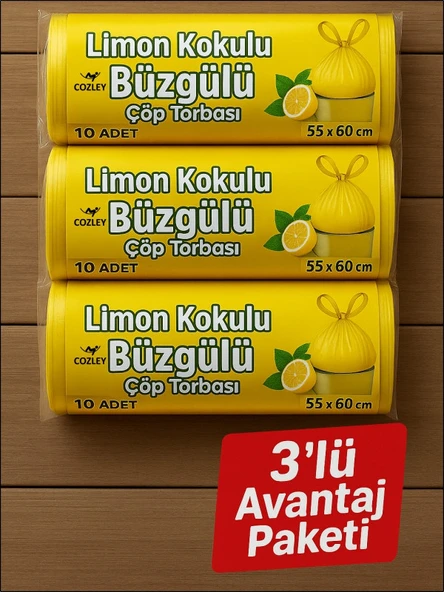 30 Adet Limon Kokulu Büzgülü Orta Boy Avantaj Paket Çöp Poşetleri Çöp Torbaları 55X60 CM - Resim 5
