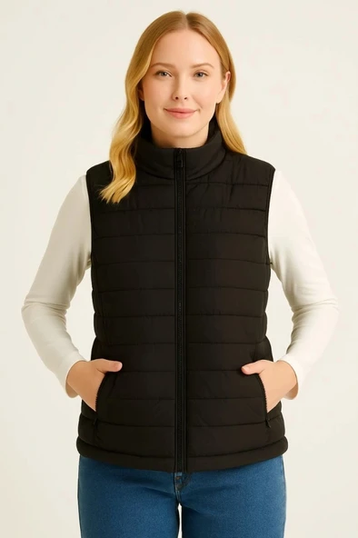 MDB Şişme Fermuarlı Yelek u Itici Kapitone Astarlı Kumaş Cepli Hafif Kışlık por Rahat Kalıp  iyah - Resim 2