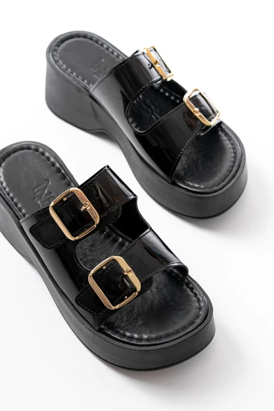 Siyah Rugan Günlük Tokalı Dolgu Topuk Kadın Terlik - Resim 4