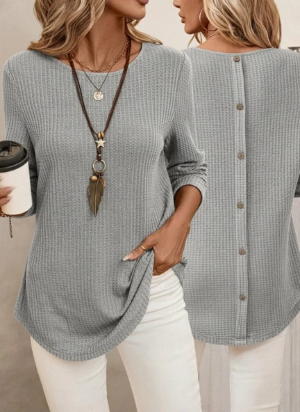 Lucky Life Kadın Uzun Kollu Yuvarlak Yaka Arkadan Düğmeli Waffle Bluz - Resim 2