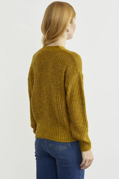 Payet Detaylı Yünlü Triko Hırka - Hardal - Resim 6