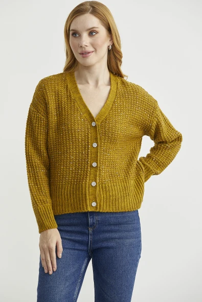 Payet Detaylı Yünlü Triko Hırka - Hardal - Resim 2