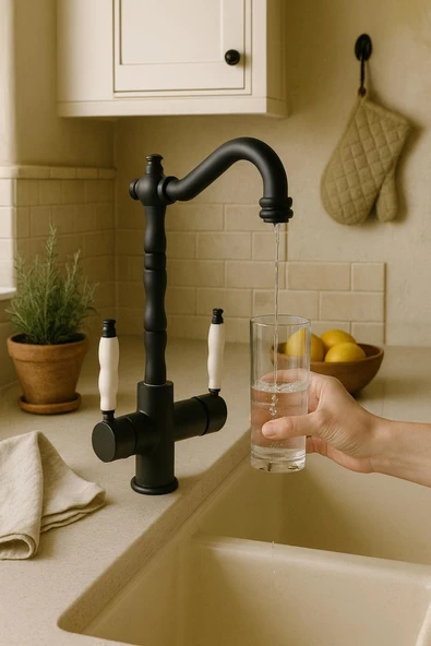 RUSTİK SİYAH ARITMALI 3 YOLLU MUTFAK EVYE BATARYASI PRİNÇLÜKS MUSLUK GARANTİLİ PORSELEN KOL ARMATÜR ürün görseli
