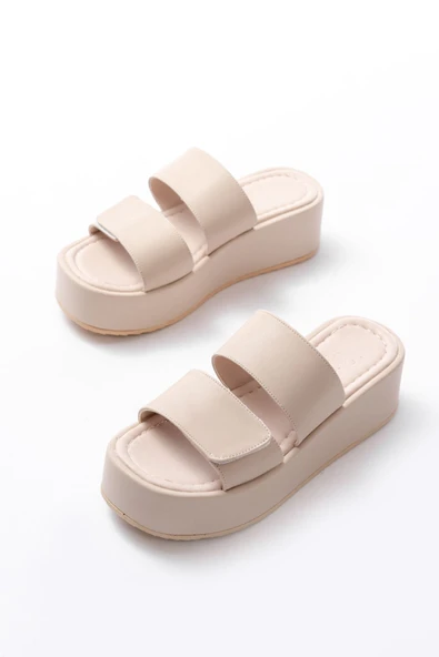 Bej  Çıtçıtlı Dolgu Topuk Kadın Terlik - Resim 3