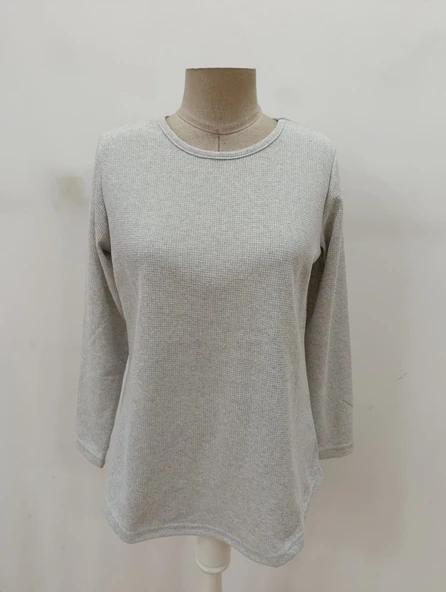 Lucky Life Kadın Uzun Kollu Yuvarlak Yaka Arkadan Düğmeli Waffle Bluz - Resim 4