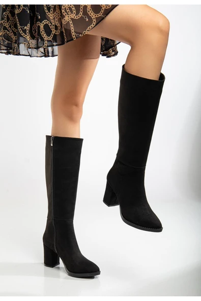 Kadın Siyah Süet Fermuarlı Sivri Burun Topuklu Uzun Çizme - Resim 2