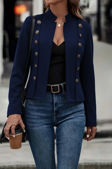 Lucky Life Kadın Uzun Kollu Hakim Yaka Yanlardan Düğmeli Kısa Süet Ceket - Resim 2