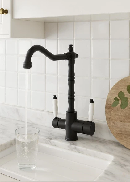 RUSTİK SİYAH ARITMALI 3 YOLLU MUTFAK EVYE BATARYASI PRİNÇLÜKS MUSLUK GARANTİLİ PORSELEN KOL ARMATÜR - Resim 7