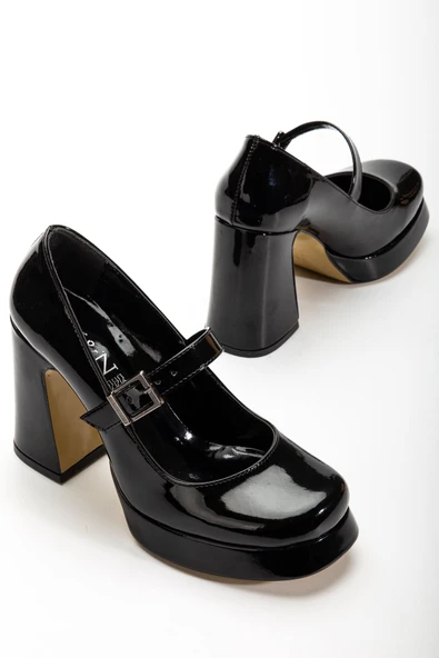 Kadın Siyah Rugan Özel Tasarım Platform Topuklu Ayakabı - Resim 2