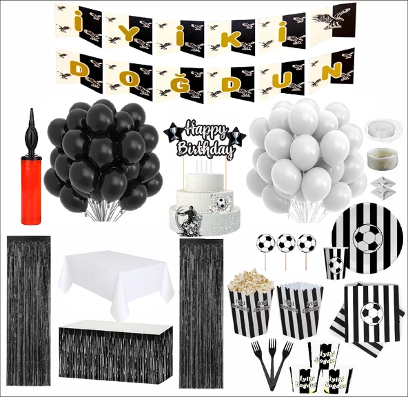 Taraftar Siyah Beyaz 8 Kişilik Full Doğum Günü Seti ürün görseli
