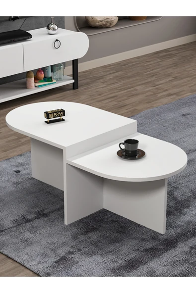 Tv Sehpası Ünitesi Tekli Orta Sehpa 3'Lü Zigon Sehpa Set Üç Ürün Beyaz - Resim 6