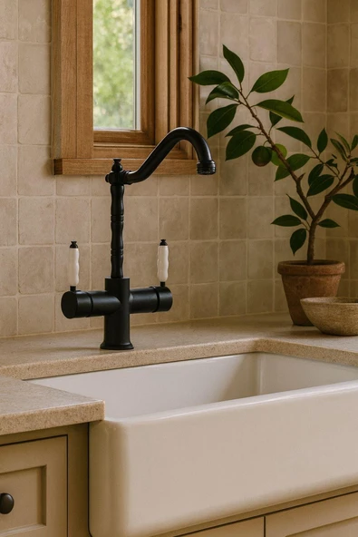 RUSTİK SİYAH ARITMALI 3 YOLLU MUTFAK EVYE BATARYASI PRİNÇLÜKS MUSLUK GARANTİLİ PORSELEN KOL ARMATÜR - Resim 2