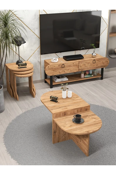 Tv Sehpası Ünitesi Tekli Orta Sehpa 3'Lü Zigon Sehpa Set Üç Ürün Atlantik Çam - Resim 4