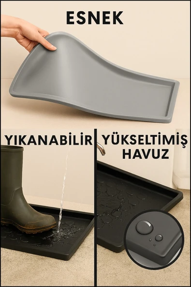 Silikon Ayakkabı Tepsisi Su Geçirmez Kaymaz Yıkanabilir Ayakkabı Düzenleyici Ayakkabı Standı 60X40CM GRİ RENK - Resim 5