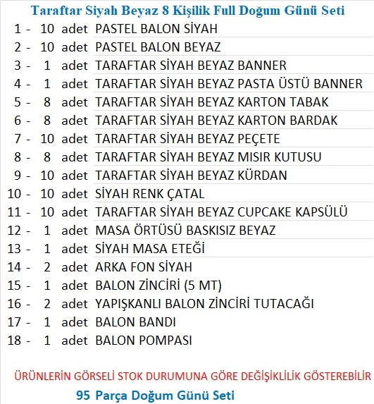Taraftar Siyah Beyaz 8 Kişilik Full Doğum Günü Seti - Resim 2