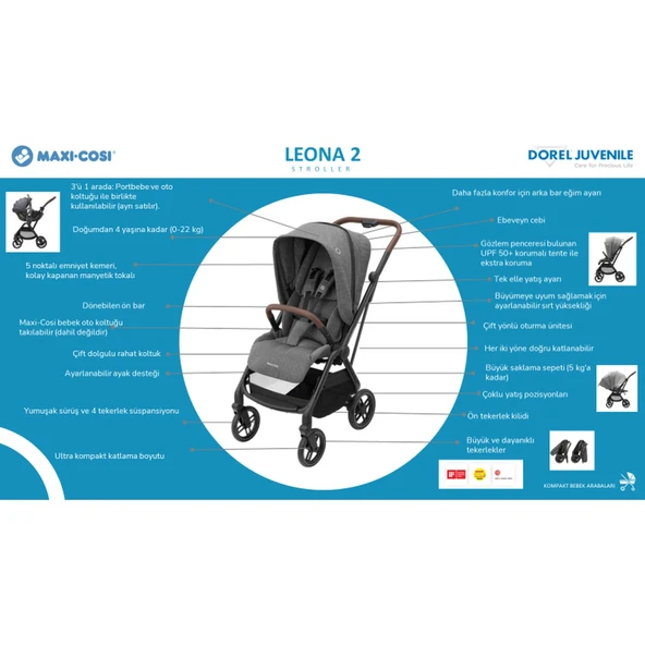 Maxi-Cosi Leona2 Çift Yönlü Uzatılabilir Sırt Desteği Tam Yatabilir Bebek Arabası Twillic Black - Resim 3