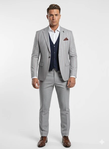 Erkek Çizgili Takım Elbise 3’lü Set – Ceket + Yelek + Pantolon – Slim Fit İtalyan Tarz - Resim 9