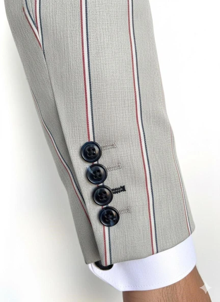 Erkek Çizgili Takım Elbise 3’lü Set – Ceket + Yelek + Pantolon – Slim Fit İtalyan Tarz - Resim 6