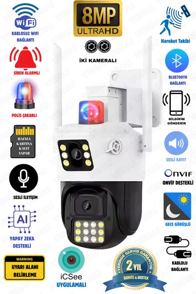 Venas Çift Kameralı Ultra HD Dış Mekan Hareketli Mavi kırmızı ışıklı Kablosuz wifi Güvenlik kamerası ürün görseli