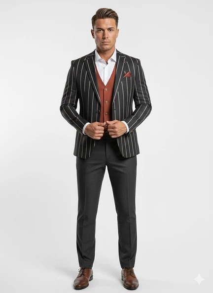 Erkek Çizgili Takım Elbise 3’lü Set – Ceket + Yelek + Pantolon – Slim Fit İtalyan Tarz ürün görseli