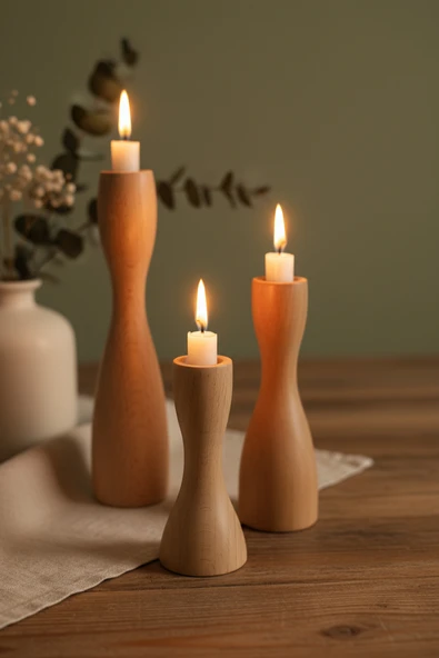 Ahşap Dekoratif Mumluk 3'lü Rustic - Resim 2