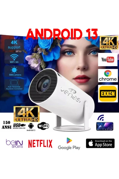 Venas Taşınabilir Ev Ofis Tipi Sesli Sinema Projeksiyon Android 13 işlemcili AppStore Ve Googleplay li ürün görseli