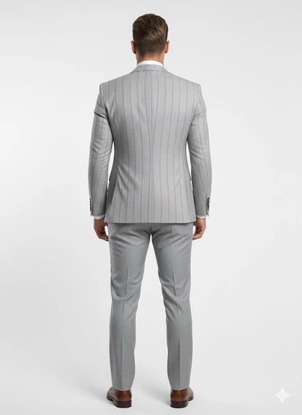 Erkek Çizgili Takım Elbise 3’lü Set – Ceket + Yelek + Pantolon – Slim Fit İtalyan Tarz - Resim 8