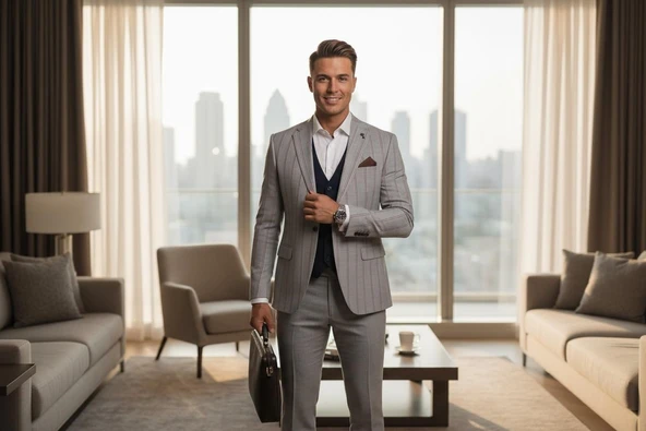 Erkek Çizgili Takım Elbise 3’lü Set – Ceket + Yelek + Pantolon – Slim Fit İtalyan Tarz - Resim 4