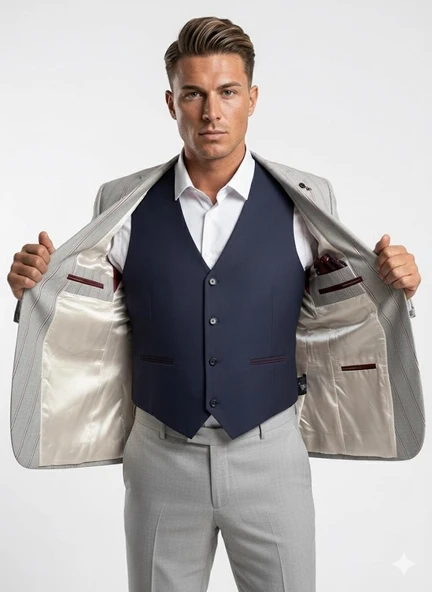 Erkek Çizgili Takım Elbise 3’lü Set – Ceket + Yelek + Pantolon – Slim Fit İtalyan Tarz - Resim 7