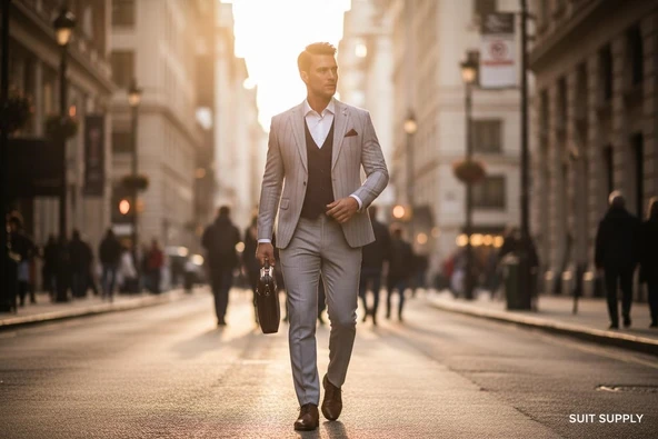 Erkek Çizgili Takım Elbise 3’lü Set – Ceket + Yelek + Pantolon – Slim Fit İtalyan Tarz - Resim 5