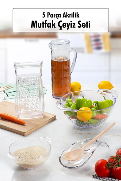 Akrilik Şeffaf 5 Parça Sürahi & Rende & Süzgeç & Mini Süzgeç & Kaşıklık & Mutfak Çeyiz Seti ürün görseli 1