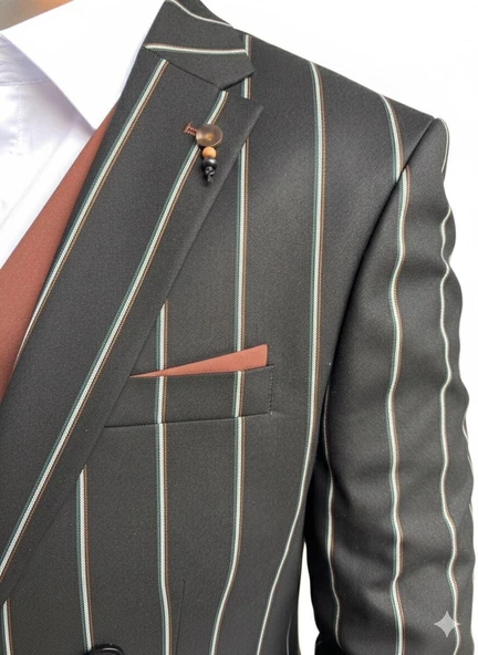 Erkek Çizgili Takım Elbise 3’lü Set – Ceket + Yelek + Pantolon – Slim Fit İtalyan Tarz - Resim 3