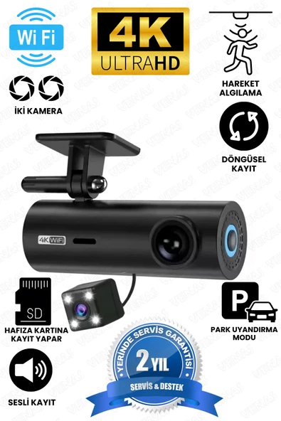 Venas Geniş açı 4K ön 1080p Full HD Arka 2 Kameralı wifi Hafıza kartına kayıtlı araç kamerası ürün görseli