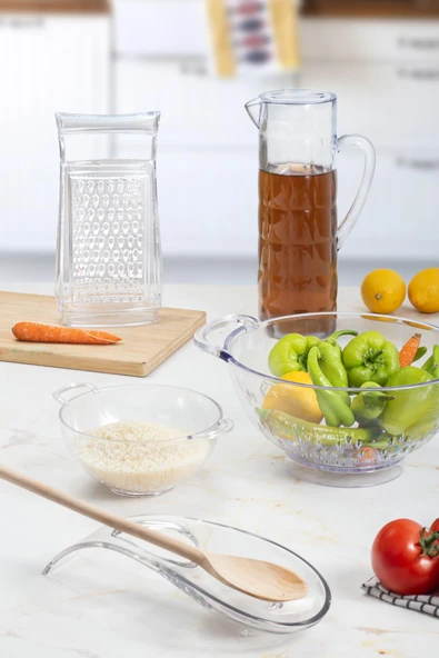 Akrilik Şeffaf 5 Parça Sürahi & Rende & Süzgeç & Mini Süzgeç & Kaşıklık & Mutfak Çeyiz Seti - Resim 3